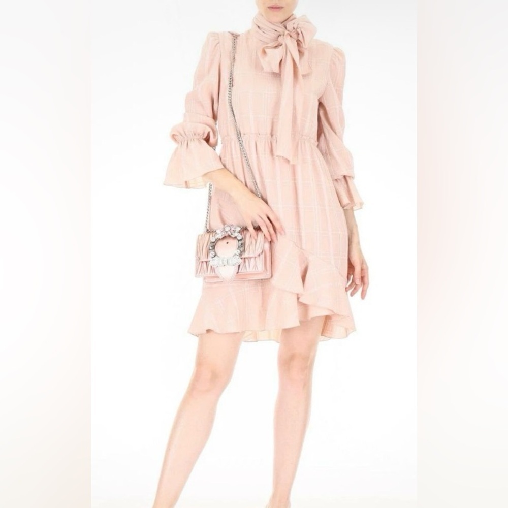 SEE by Chloe Pink Plaid Check Textured Scarf Wrap High Neck Ruffle Dress size 38